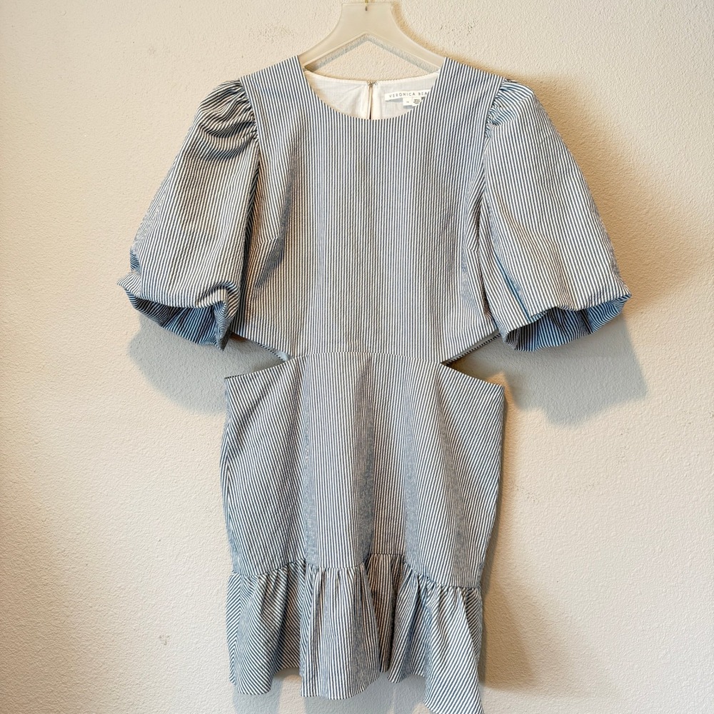 Veronica Beard Blue White Striped Seersucker Cut-Out Puff Sleeve Mini Dress 14